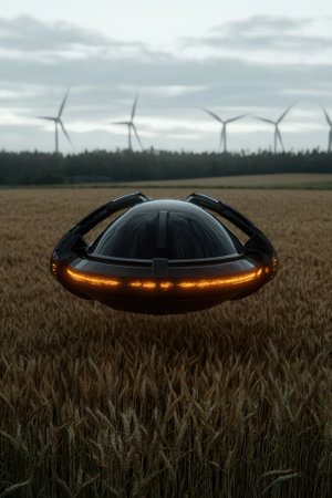 UFO hovering over a wheat field with wind turbines in the background.の素材
