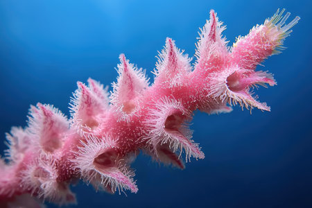 Close-up of a pink coral branch against a blue background.の素材