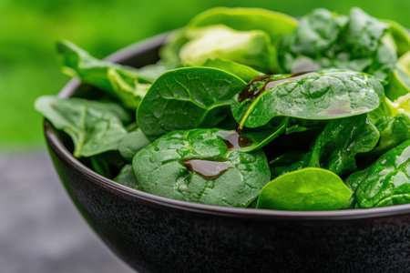 Fresh spinach salad with balsamic vinaigrette in a bowl.の素材