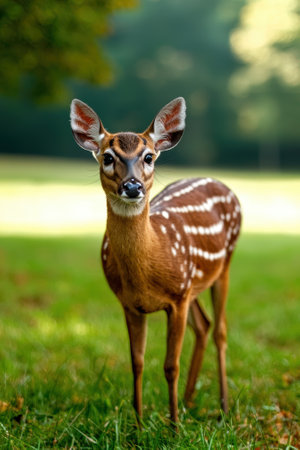 A young Sitatunga antelope standing in a grassy field.の素材