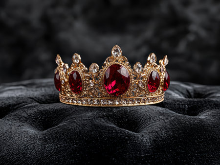 Gold crown with red jewels on a black velvet cushion.の素材