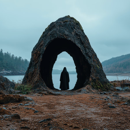 Mysterious figure in a dark robe standing in a natural rock archway by a lake.の素材