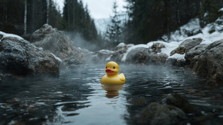 A yellow rubber duck floats in a hot spring.の素材