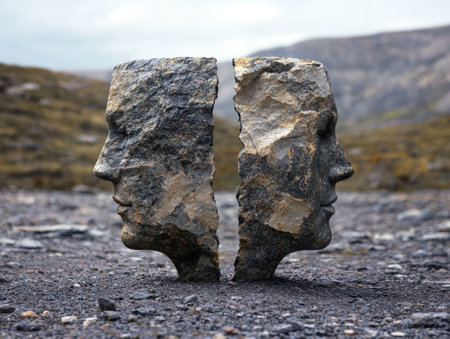 Two stone faces stand opposite each other in a rocky landscape.の素材
