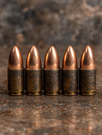 Ammunition lined up on a textured surface.の素材
