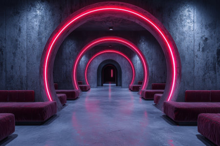 Futuristic lounge with red neon lights and comfortable seating.の素材