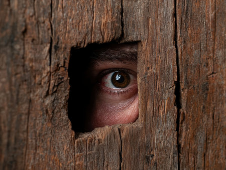 A person peers through a hole in a wooden wall.の素材