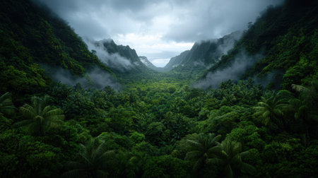 Lush green valley with tropical rainforest and misty mountains.の素材
