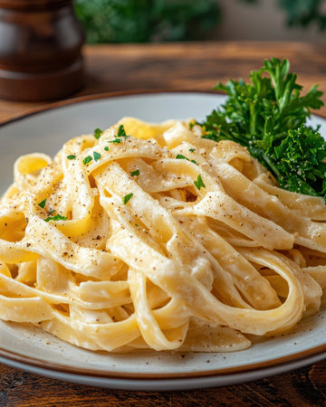 A plate of creamy fettuccine alfredo with parsley.の素材