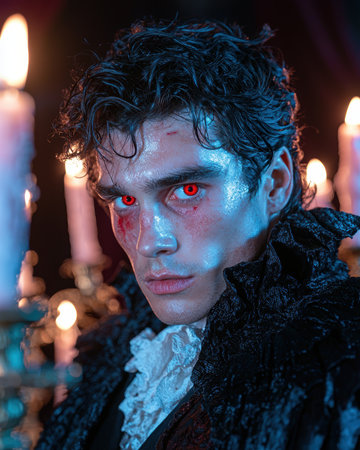 A dramatic portrait of a vampire with red eyes and a gothic collar.の素材