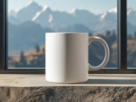 A white mug sits on a stone ledge with a mountain view.の素材