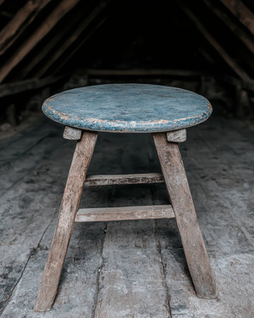 A rustic wooden stool sits in an old attic.の素材