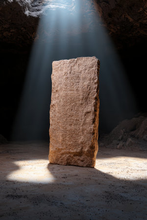 Ancient stone tablet with hieroglyphs illuminated in a cave.の素材