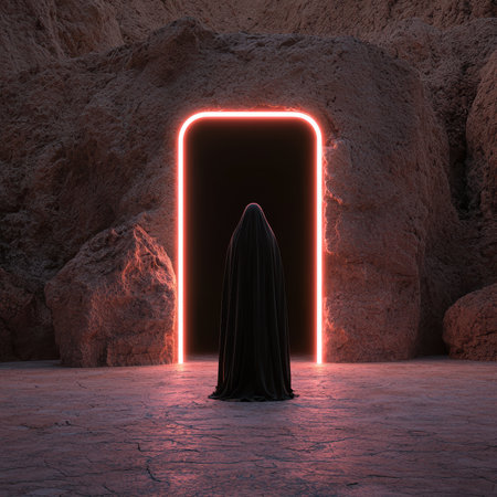Mysterious figure in black cloak standing before a glowing portal in a cavernous landscape.の素材