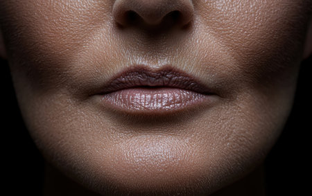 Close up of woman's face showing skin texture and lips.の素材