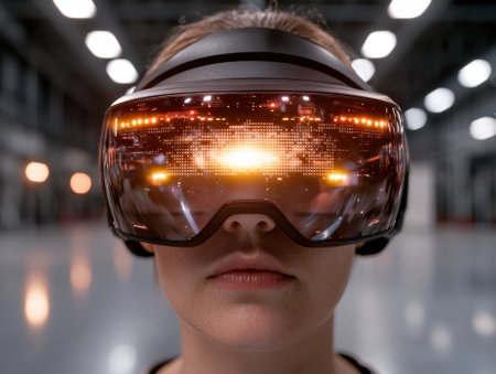 Person wearing a virtual reality headset with a digital display.の素材