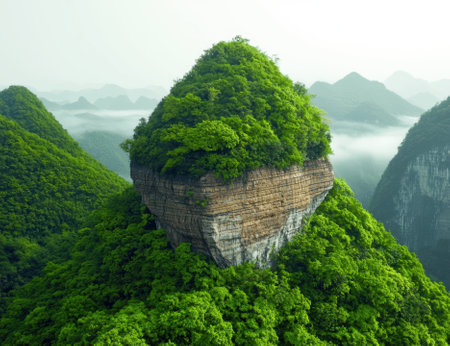 Lush green mountain landscape with unique rock formations.の素材