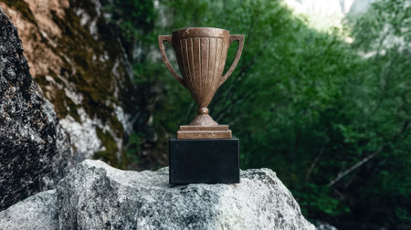 A trophy sits on a rock in a natural setting, symbolizing achievement and success.の素材