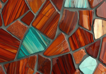Abstract mosaic tile pattern with red, orange, and blue stones.の素材