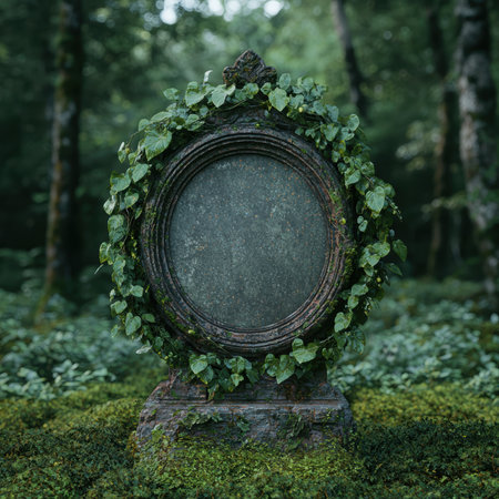 Old weathered gravestone overgrown with ivy in a forest.の素材