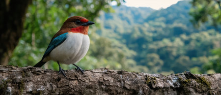 A colorful bird perched on a branch in a lush forest.の素材