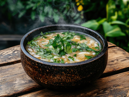A bowl of steaming hot soup topped with fresh herbs.の素材