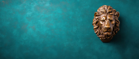 Bronze lion head on a teal textured wall.の素材