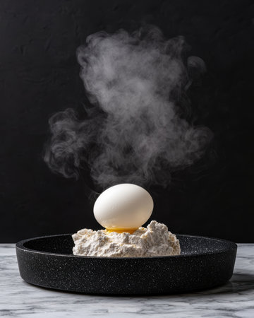A steaming egg yolk sits on a bed of flour in a black bowl.の素材