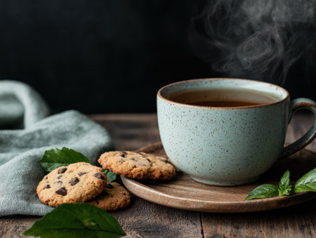 A cup of hot tea with chocolate chip cookies on a wooden table.の素材
