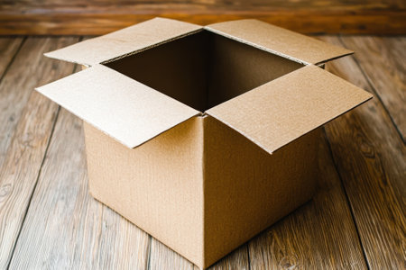 Open cardboard box on a wooden floor.の素材