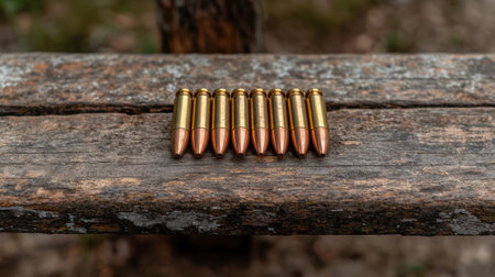 Ammunition lined up on a weathered wooden surface.の素材