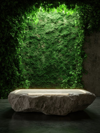 Stone podium with neon light and green wall background.の素材