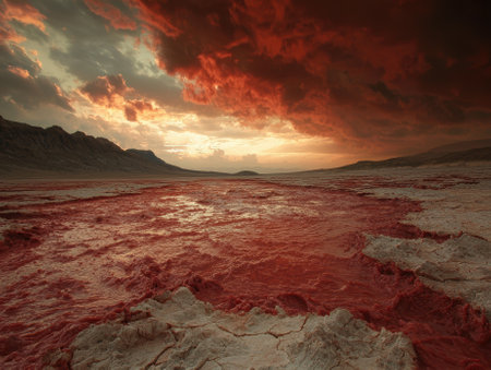 Dramatic landscape with red water and sky at sunset.の素材