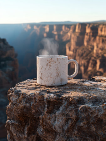 Hot coffee cup on a cliff edge overlooking a canyon.の素材