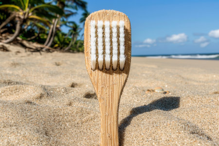 Bamboo toothbrush on a sandy beach with palm trees and blue sky.の素材