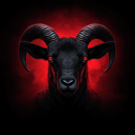 A black goat with red eyes stares intensely from the darkness.の素材