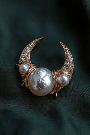 Elegant crescent moon brooch with pearls and gold.の素材
