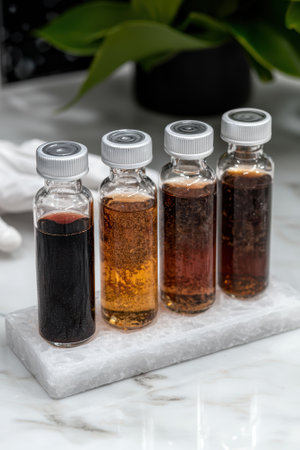 Four vials of different colored liquids on a marble surface.の素材