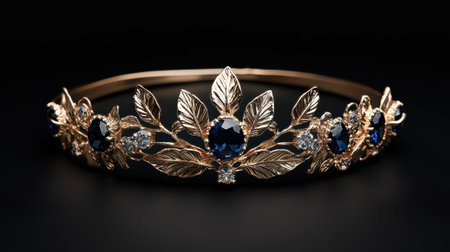 Elegant gold tiara with blue gemstones on a black background.の素材