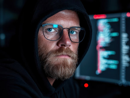 Hacker in the dark with code on a screenの素材