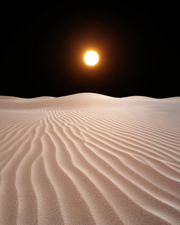 Desert landscape with sand dunes and a bright sun.の素材