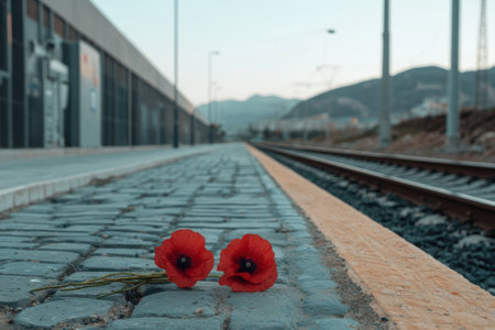 Two red poppies lie on a train platform.の素材
