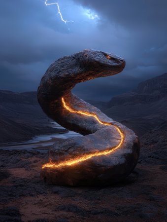 Stone snake with glowing cracks in a desolate landscape under a stormy sky.の素材