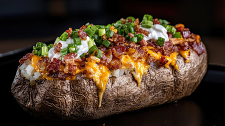 Loaded baked potato with cheese, bacon, sour cream, and chives.の素材