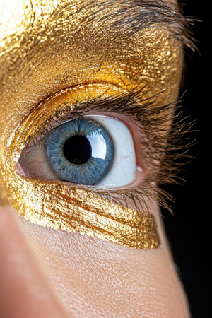 Close-up of a blue eye with gold makeup.の素材