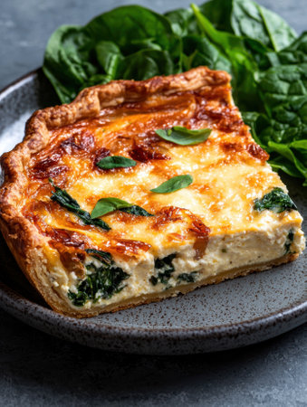 A slice of spinach and cheese quiche with a flaky crust, served with fresh spinach.の素材