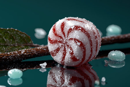 Close-up of a red and white striped candy ball covered in sugar crystals.の素材