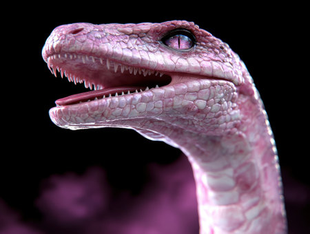 A pink snake with an open mouth and sharp teeth.の素材