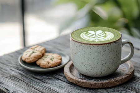A cup of matcha latte with cookies on a wooden table.の素材