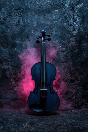 A blue violin stands in pink smoke against a stone wall.の素材